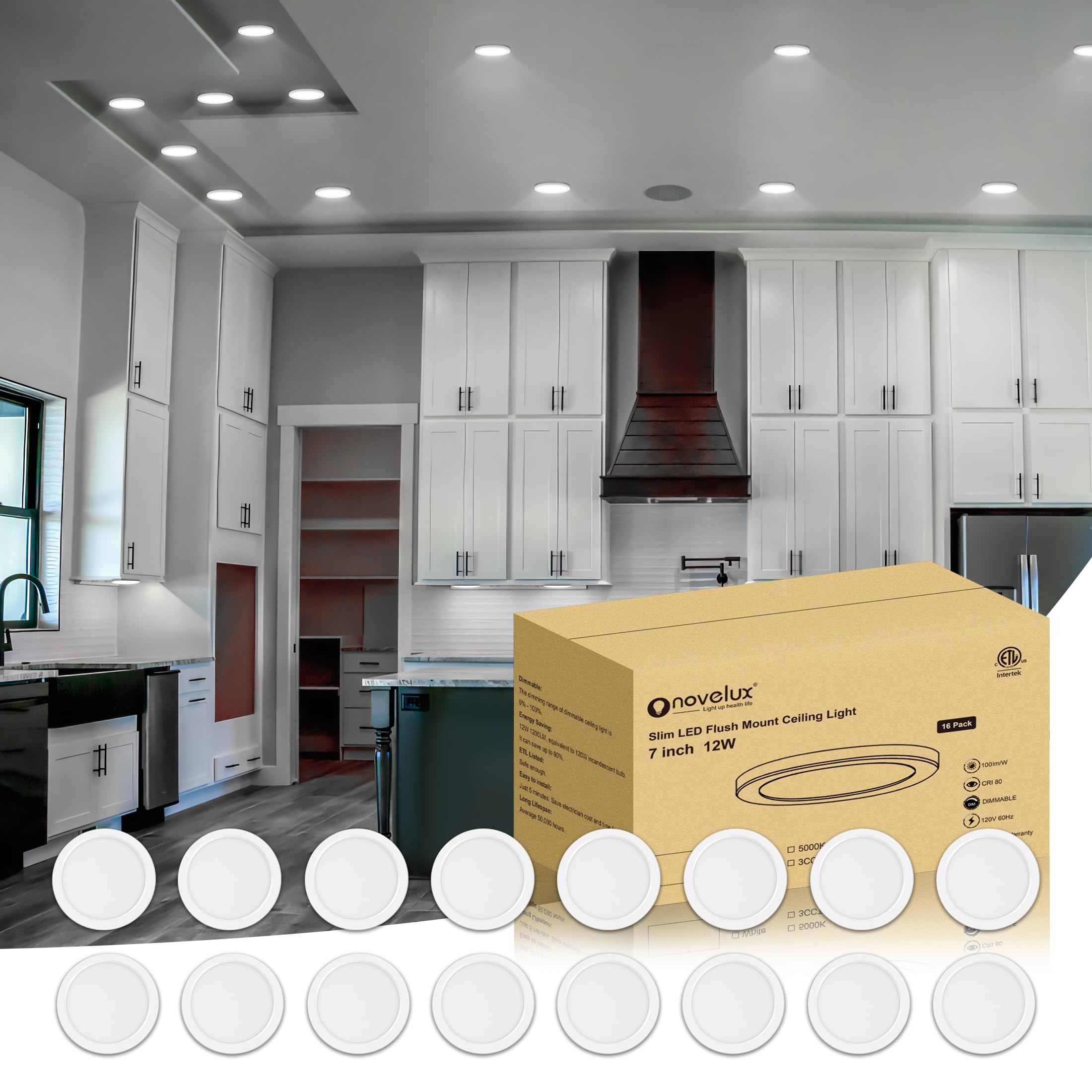 Photo 1 of NOVELUX ETL Listed 7 Inch Small LED Flush Mount Ceiling Light Dimmable,5000k Daylight Ultra Slim Round Flat Panel Ceiling Light Fixture,Modern Ceiling Lamp for Closet,Kitchen,Bathroom,Hallway(16 Pack)