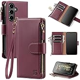 Shieldtop Compatible with Samsung Galaxy S25 Wallet Case with Card Holder,Women Men RFID Blocking PU Leather Flip Cover Wrist Strap Zipper Credit Card Slots,Phone Case for Galaxy S25 6.2",Wine Red