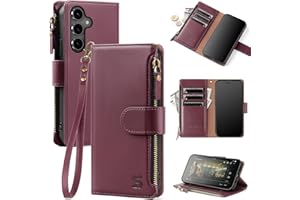 Shieldtop Compatible with Samsung Galaxy S25 Wallet Case with Card Holder,Women Men RFID Blocking PU Leather Flip Cover Wrist Strap Zipper Credit Card Slots,Phone Case for Galaxy S25 6.2",Wine Red