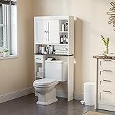 Nivisre Over The Toilet Storage Cabinet with 7 Shelves, Imitation Walnut Grain Above Toilet Bathroom Organizer with Toilet Paper Holder Stand, Space Saver for Restroom, Bathroom, Laundry (White)
