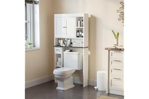 Nivisre Over The Toilet Storage Cabinet with 7 Shelves, Imitation Walnut Grain Above Toilet Bathroom Organizer with Toilet Paper Holder Stand, Space Saver for Restroom, Bathroom, Laundry (White)