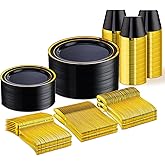 WELLIFE 300 PCS Black and Gold Dinnerware Set for 50 Guests, Disposable Plastic Plates for Party, Gold rimmed Plastic Dinner Plates,Salad Plates,Cups,Silverware Set for Halloween Party Supplies
