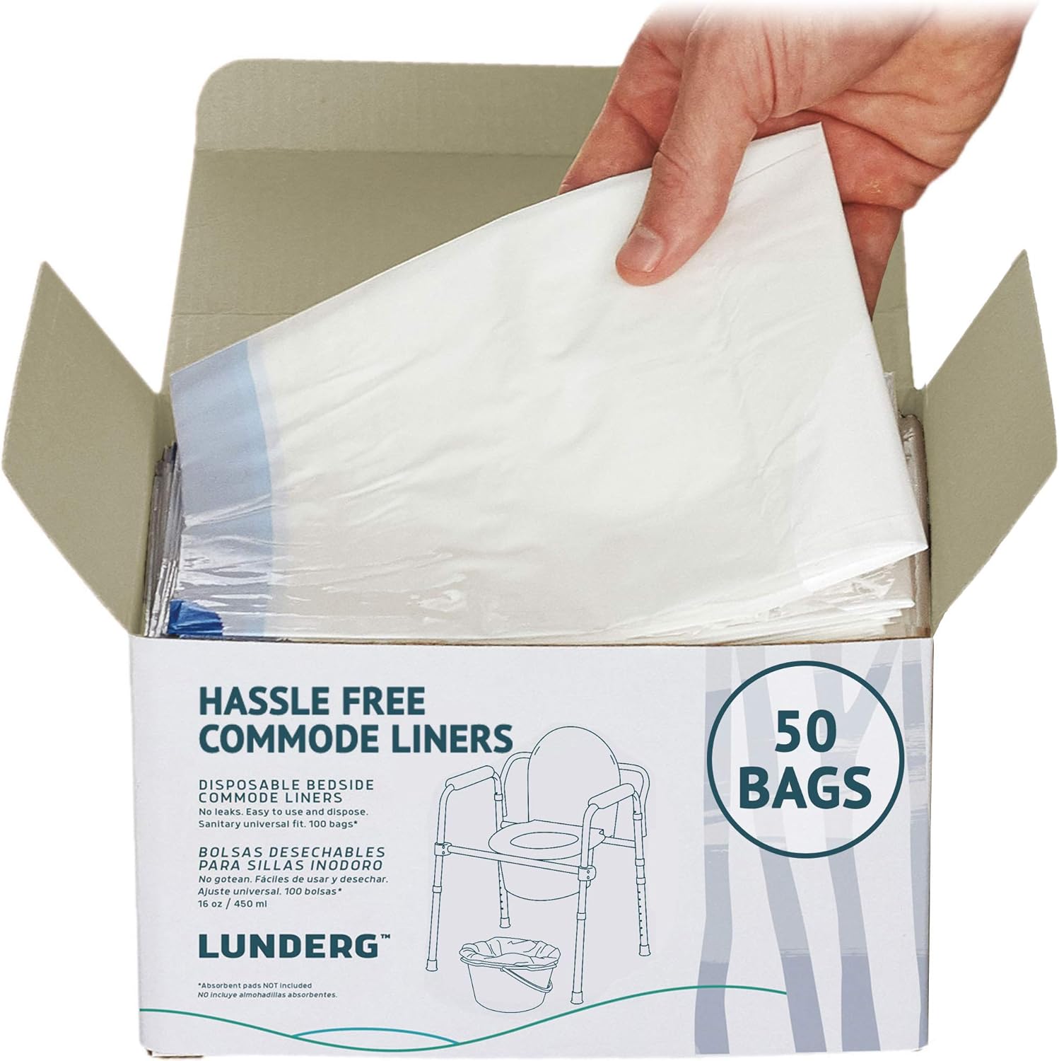 Lunderg Commode Liners - Value Pack 50 Count Universal Fit - Medical Grade Bedside Commode Liners Disposable for Adult Commode Chair, Portable Toilet Bags or Camping Toilet Bags: Health & Personal Care