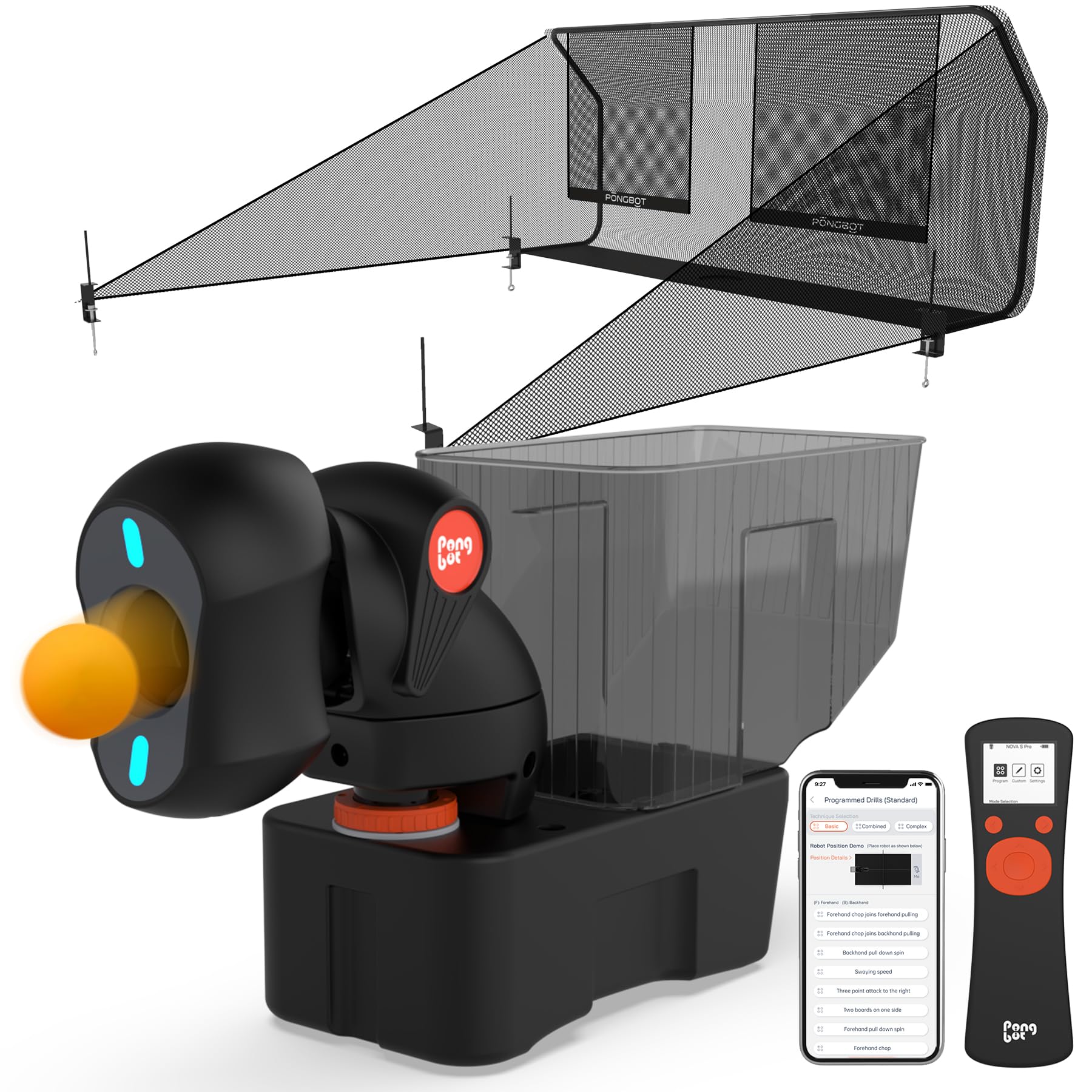 PONGBOT Robot de tenis de mesa con red, máquina de ping pong, control remoto/aplicación, 264 ejercicios preguardados, ejercicios personalizados