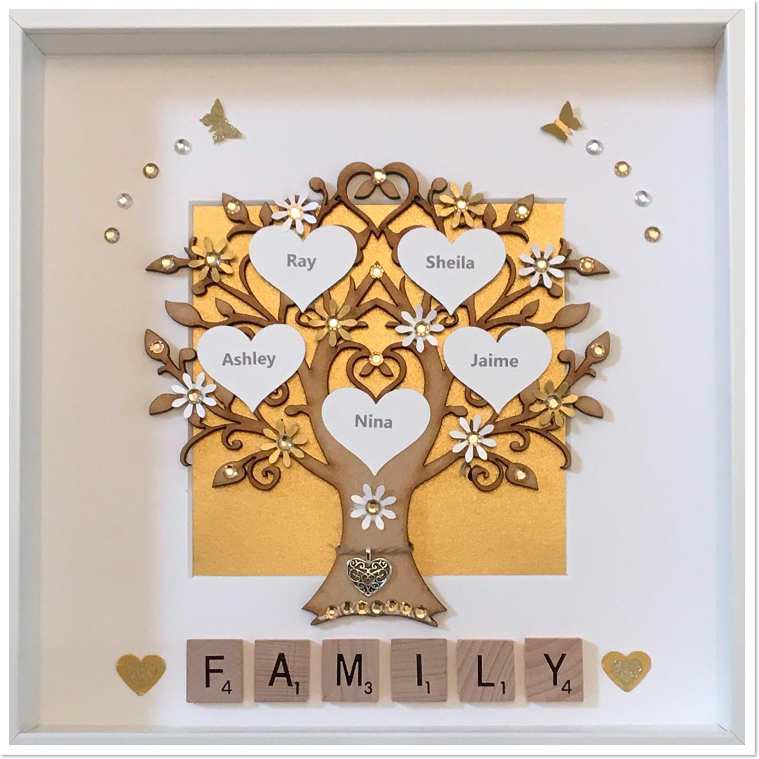 Personalised Shimmer Gold Scrabble Family Tree 3D Box Picture Frame Up To 14 Names