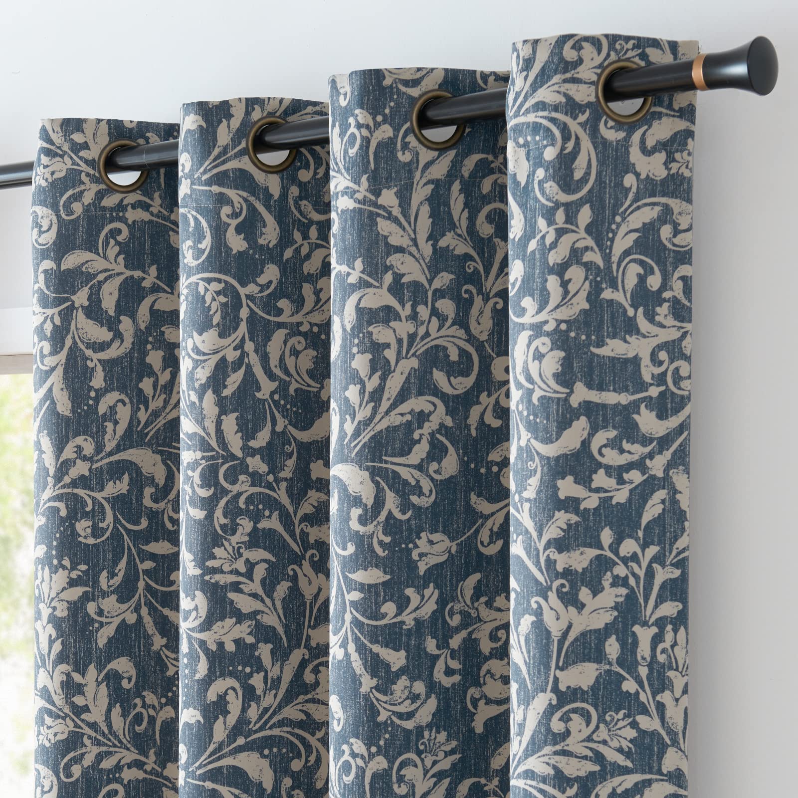 Photo 1 of jinchan 72 inch Curtains for Bedroom, 80% Blackout Farmhouse Drapes with Scroll Floral Patterned for Living Room, Grommet Top Thermal Insulated Curtains, Vintage Country Drapes 2 Panels, Blue