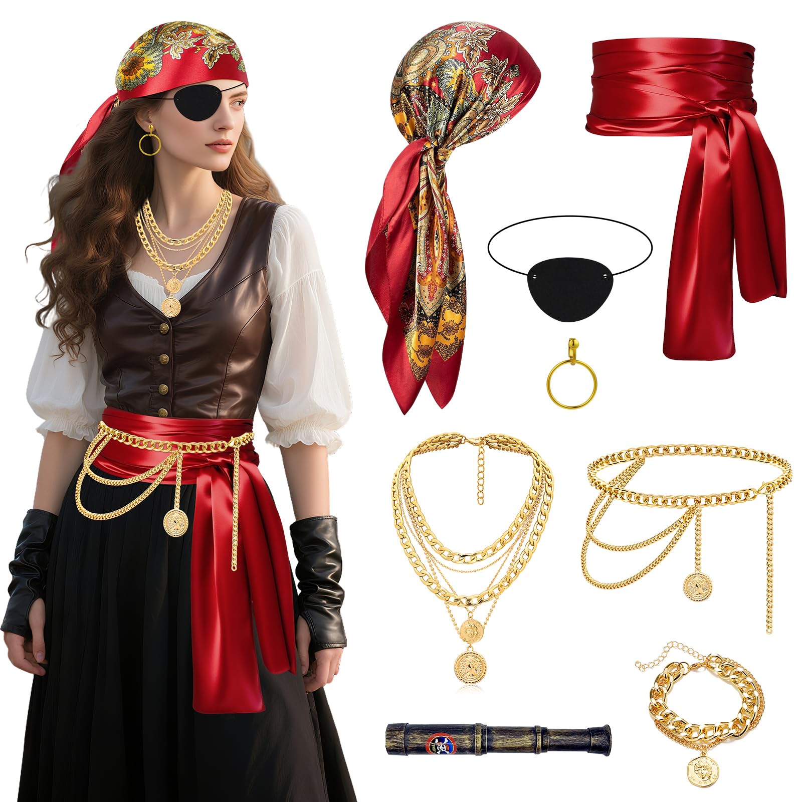 Photo 1 of 8 Pcs Pirate Accessories for Women Men Pirate Costume Accessorie, Bandanas Head Scarf Eye Patch Sash Necklace Bracelet Chain Belt Earring Telescope for Halloween Cosplay Party