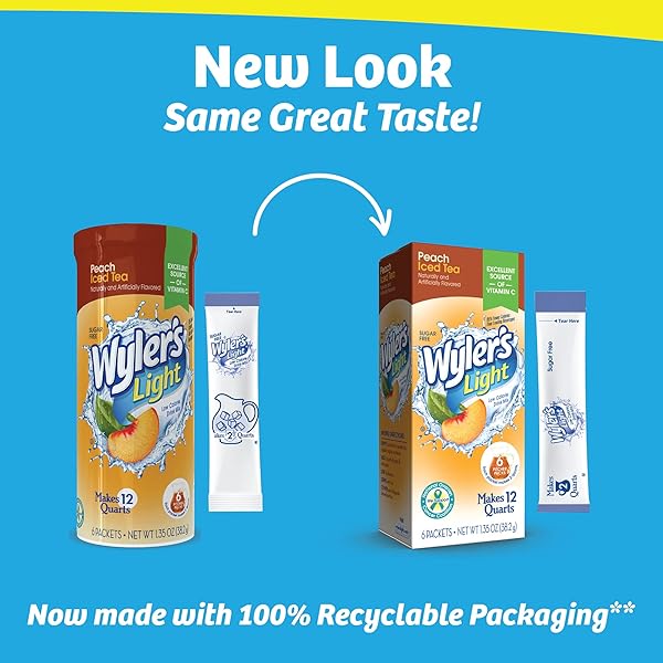 WYLER’S LIGHT PITCHER PACKS, WATER DRINK MIX,PEACH ICED TEA,6 PITCHER PACKETS