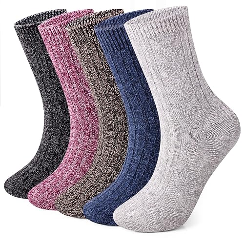 ElifeAcc 5 Pairs Thermal Women Socks Warm Thick Knitting Winter Wool Sock for Ladies （Pure Blue,5.5-10）