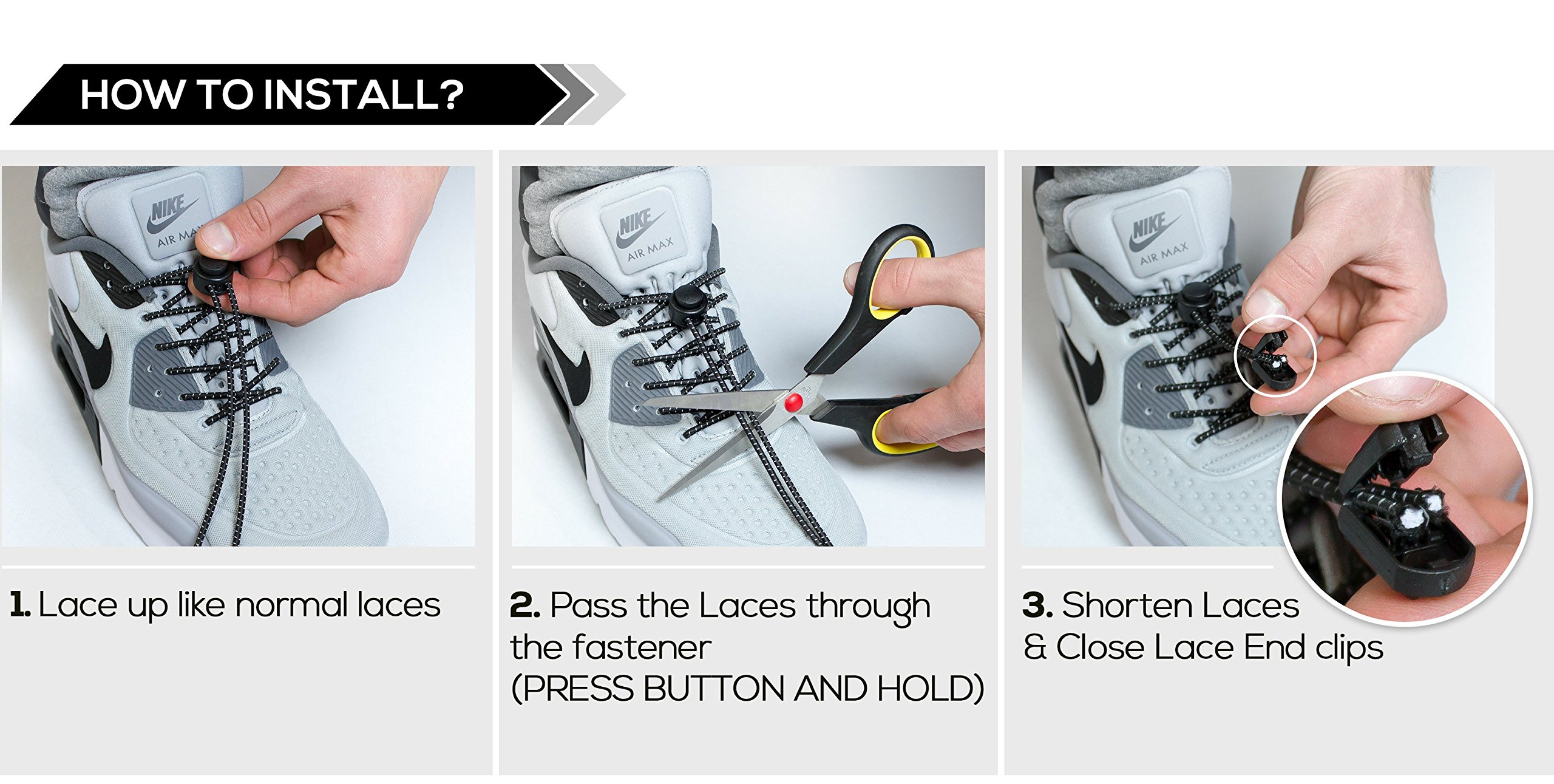 2SPORTIFY No Tie Shoelaces for Kids and Adults - Tieless Elastic Shoe lace for Sneakers with Lock - Round Shoe Laces (2 Pack) (Black-Black)