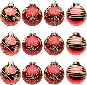 12 Pcs Christmas Ball Ornaments Shatterproof Xmas Tree Decorations Seamless Painted Glass Hanging Christmas Balls Ornaments for Holiday Wedding Party Home Decor (75mm/2.95