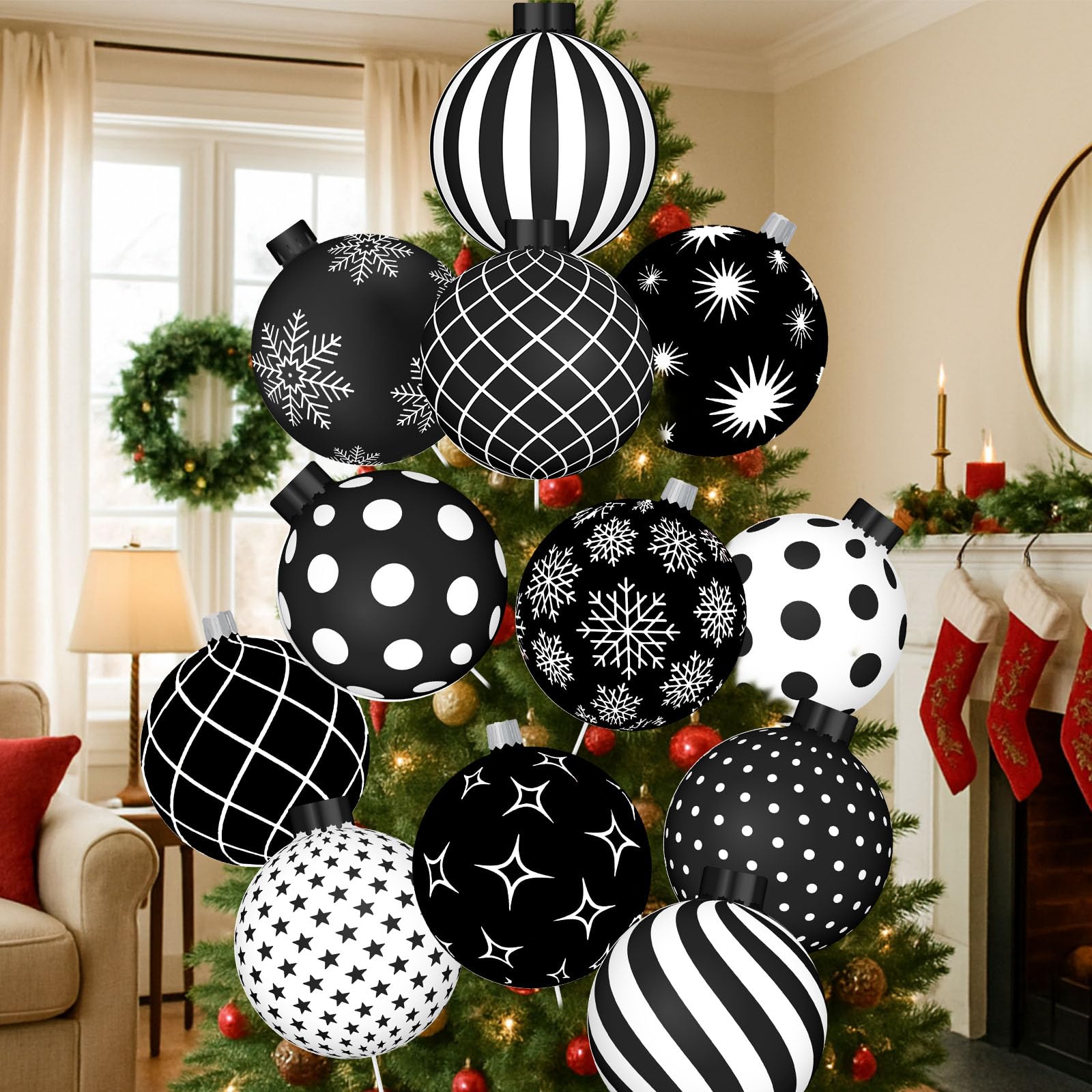 Photo 1 of ***(STOCK PHOTO FOR REFERENCE ONLY/ PATTERENS WILL VARY)***Yuntau 12 Pcs Large White and Black Christmas Ornaments Christmas Tree Picks Decorations Xmas Tree Topper Ornaments for Home Office Winter Holiday Xmas Party Supplies