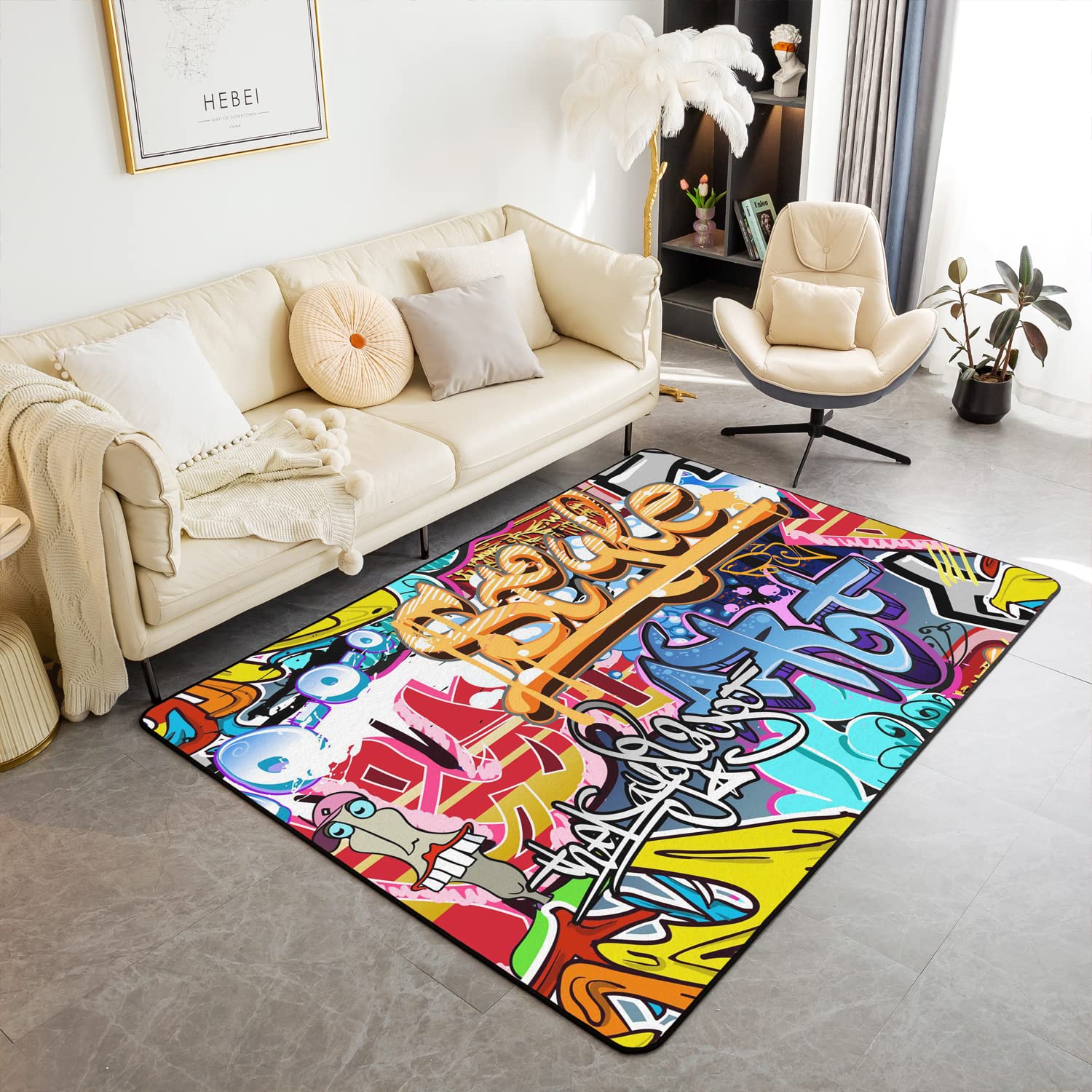 Loussiesd Hippie Graffiti Style Decorative Carpet Area Rug Hip Hop Decor Living Room Rugs for Decor Graffiti Graphic Accent Rug Set Microfiber Non Slip Area Runner Rug 150 * 200cm
