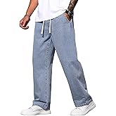 QGRSWBC Men's Casual Jeans Regular Fit Denim Pants Straight Leg Jeans Elastic Waist Drawsting Trousers Blue L