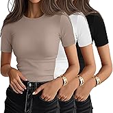 Ficerd 3 Pack Women's Ribbed T-Shirts, Cotton Short Sleeve Basic Tees Crewneck Fitted Tops Casual Shirts 2026 Summer Trendy