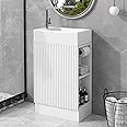 LUMISOL 18.6" Small Bathroom Vanity with Sink, Freestanding Single Vanity with Toilet Paper Holder & Soft-Close Door, Left or Right Storage, Wood Bathroom Sink Cabinet with Ceramic Basin, White