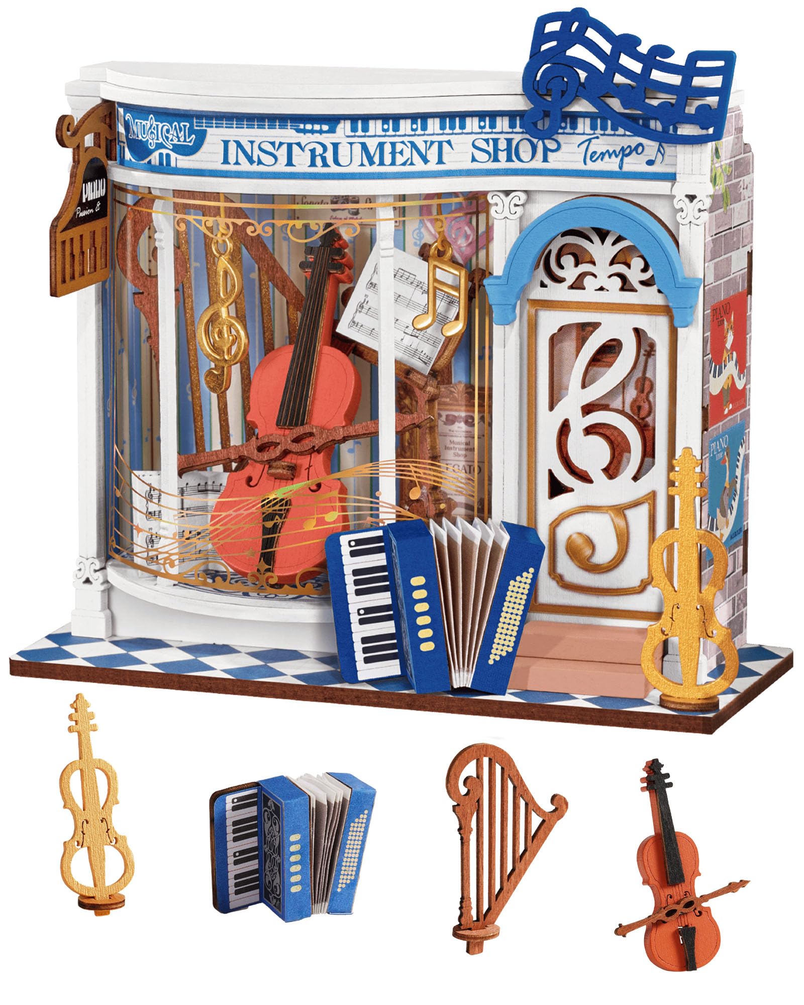 Rolife DIY Miniature House Kit Melody Instrument Shop, 63-Piece Model Kit Dolls House for Adults Teens No Glue Needed, 3D Puzzle Mini House Building Kit 1.5-Hour Assembly Book Nook Craft Kit