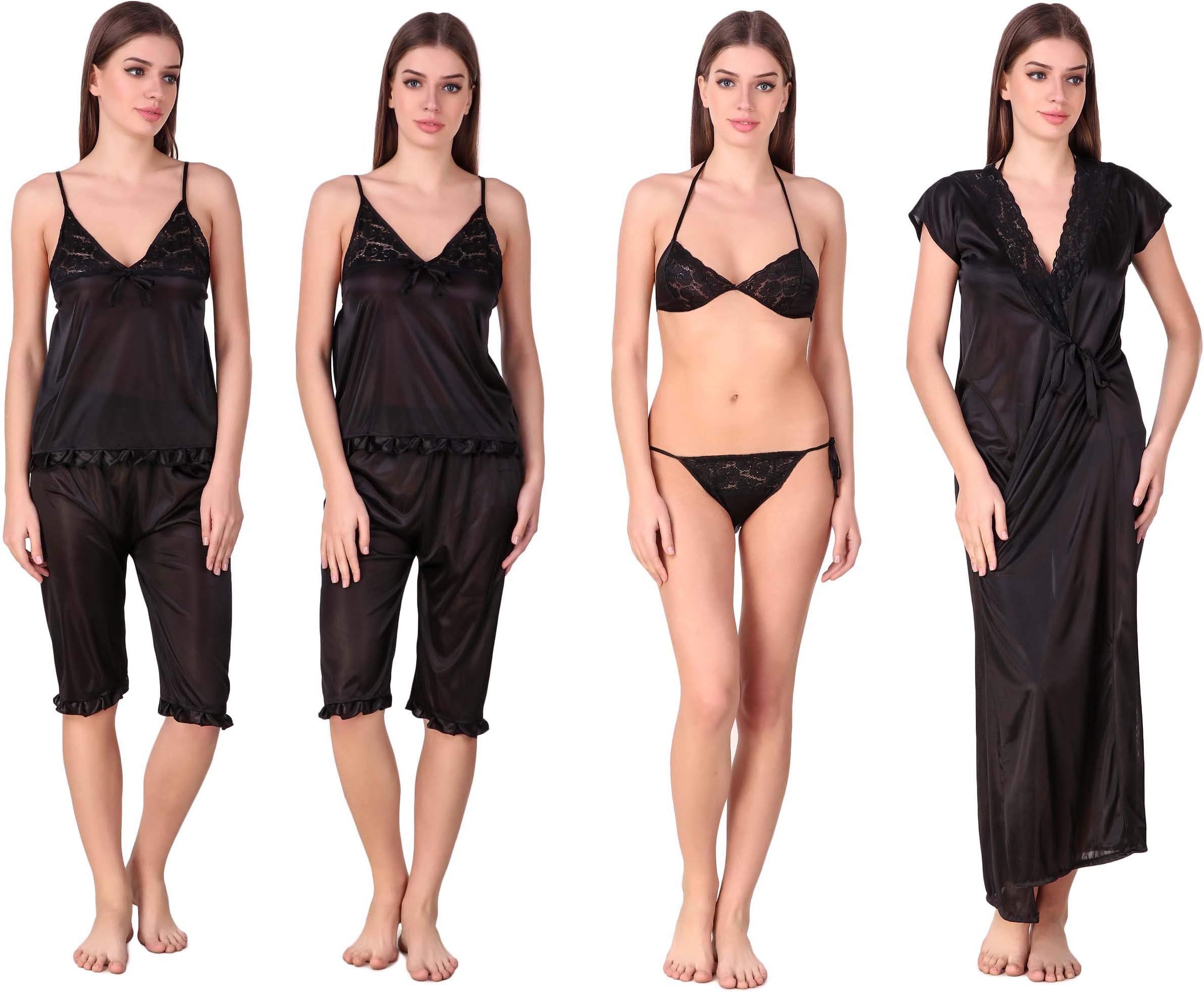 MILIT Women Satin Nightwear/Night Dress/Nighty Set of 6 Pcs Nighty,Robe,Top,Pajama,Bra and Thong(Pack of 6)