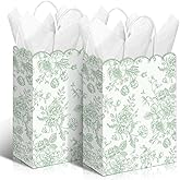 Kolldenn 24 Pcs Sage Green Floral Gift Bags with Handles Wildflower Party Favor Candy Treat Goodie Bags Scalloped for Birthday Decoration for Bridal Baby Shower Party Supplies