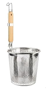 Stainless Steel Food Strainer Colander With Wooden Hook Handle – As Noodle Pasta Strainer Steaming Basket - Best For Rinsing Pasta, Noodles,Fruits,ParBoiling-Fits Most Pots,Easy To Clean – Durable Solid Steel Frame -6.3” Top Diameter,4.7” Bottom