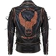 Mens Vintage Black Brando “Live to Ride” Embossed Eagle Leather Biker Motorcycle Jacket