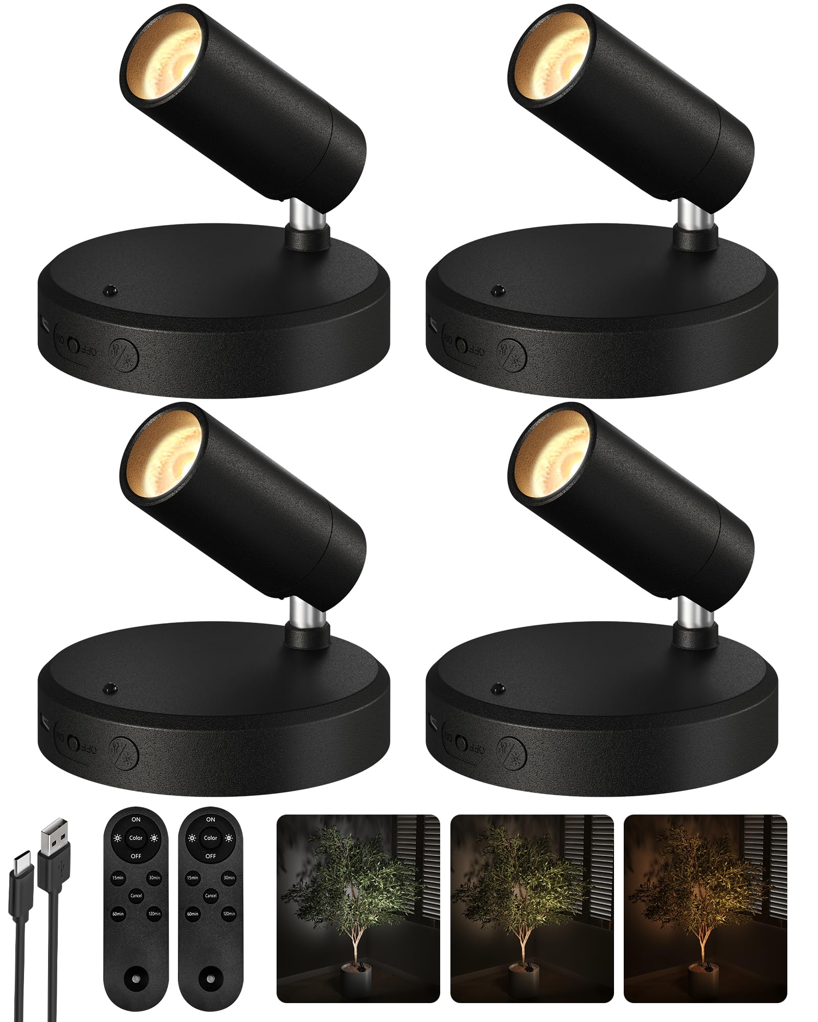 Photo 1 of EZVALO Spotlights Indoor with Remote,5500mAh Rechargeable Picture Lights, Wireless LED Uplighting with Timer?Dimmable, 3CCT,Mini Plant Spot Lights for Painting,Artwork,Accent Lighting(4Pack-Black)