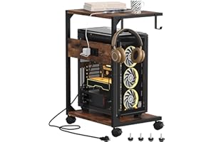 Akxomel 2 Tier Computer Tower Stand with Charging Station, 11.8" D x 16.5" W Rolling Floor PC Tower Stand Fits Under Desk, CPU Holder Cart for Carpet with Hooks, C Shaped End Table for Home Office