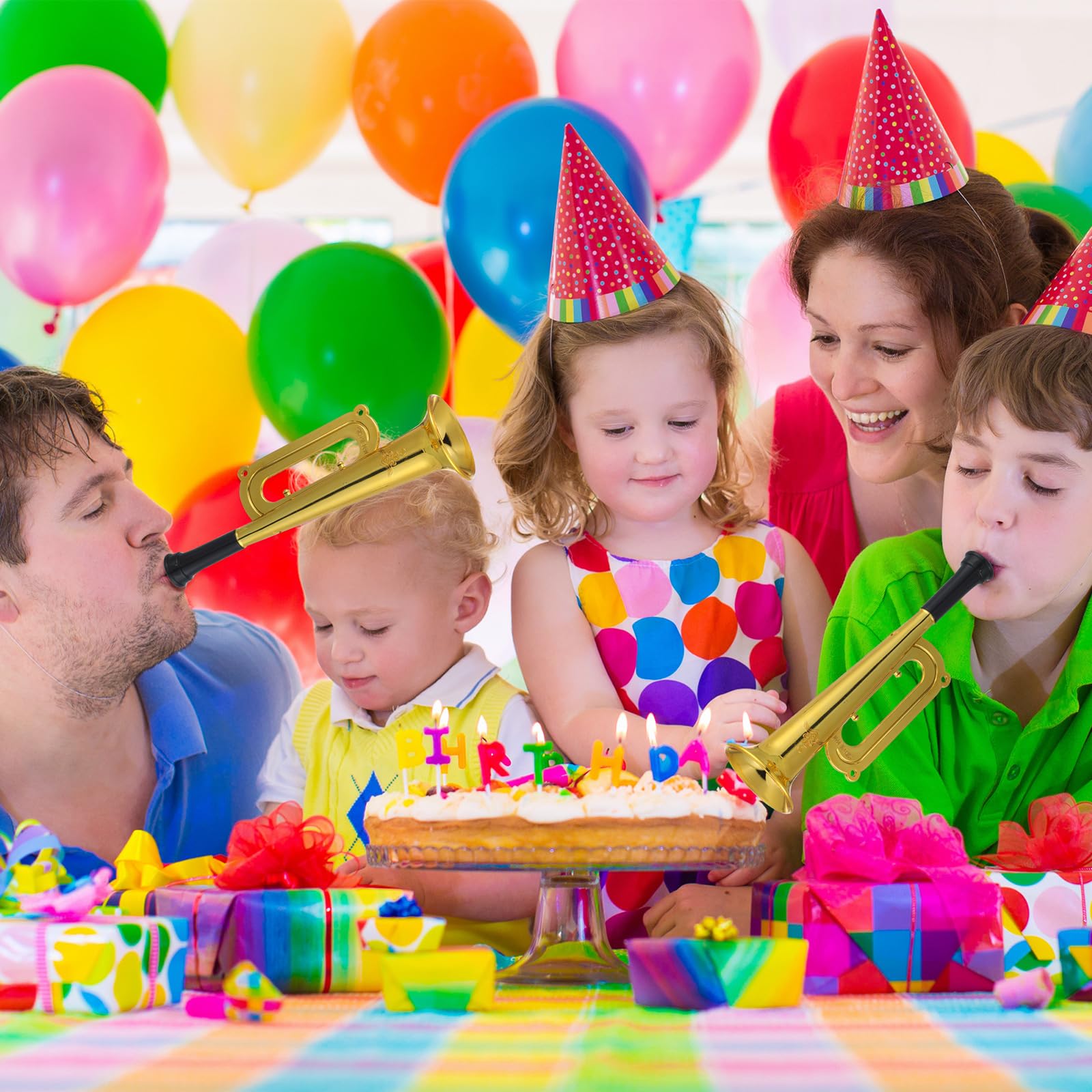 Poen 12 Pcs Toy Trumpet Kids Mini Metallic Trumpet Parties Musical Blow Horn Instruments Plastic Noise Makers for Kids Events Party Favors Music Class Stage Props 7 Inch Easter Day(Gold)