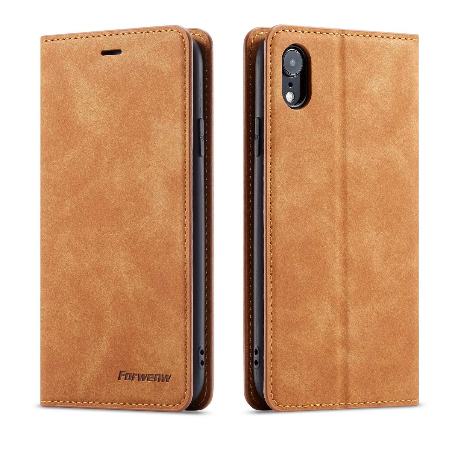 QLTYPRI Case for iPhone XR, Premium PU Leather Cover TPU Bumper with Card Holder Kickstand Hidden Magnetic Adsorption Flip Wallet Case Cover for iPhone XR - Brown
