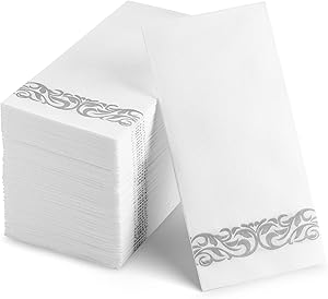 100 Disposable Guest Towels Soft and Absorbent Linen-Feel Paper Hand Towels Durable Decorative Bathroom Hand Napkins Good for Kitchen, Parties, Weddings, Dinners or Events White and Silver