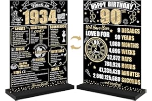 EIURTEAO 90th Birthday Decorations Back in 1934 Table Sign for Men Women, Black Gold Happy 90 Bday Two-Sided Wooden Table Poster with Stand Party Supplies, Ninety Birthday Display Holder Decor for Table Decor