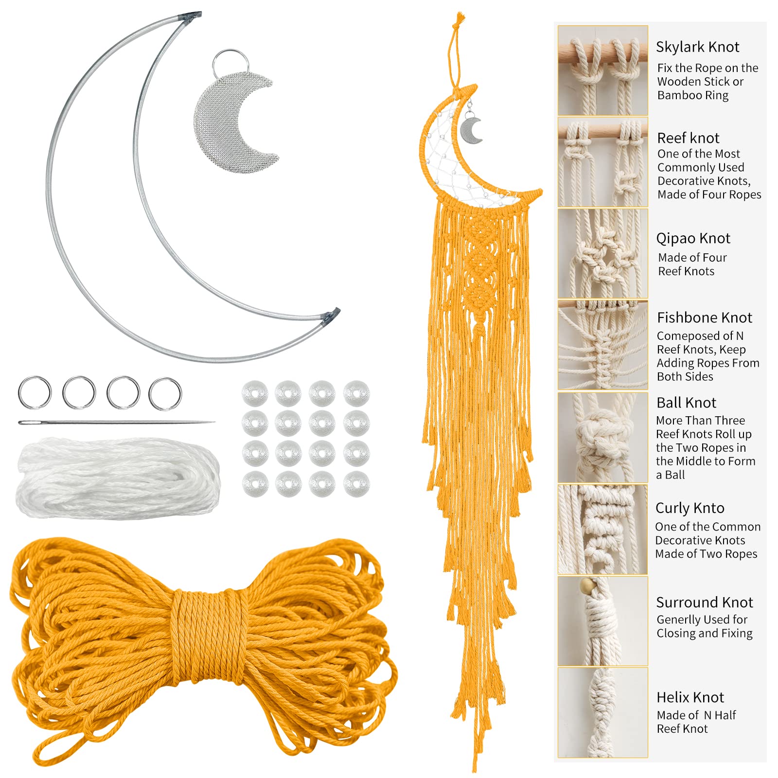 LEREATI Moon Dream Catcher Kit for Adults, DIY Macrame Kit for Beginners, Wall Hanging Tapestry Kits for Adults, Dreamcatcher Kits - 3mm Macrame Cord, Metal Hoops, Beads for Crafting (Golden)