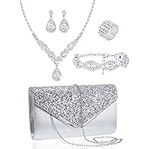 Henoyso 5 Pcs Rhinestone Jewelry Sets Prom Purse Jewelry Rhinestone Clutch Purse Bride Necklace Earrings Bracelets for Women