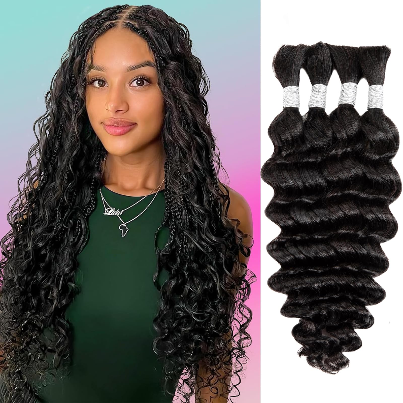 Human Braiding Hair for Boho Braids 14 inches Human Hair for Braiding No Weft Deep Wave Natural Black Color 4 Bundles/Pack (Total 100G) — image 1