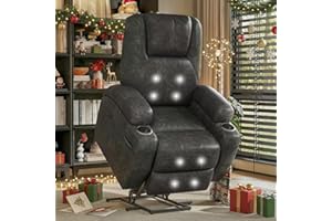 FURMAX Electric Power Lift Recliner Chair with Massage for Elderly Corduroy Fabric Recliner Single Sofa with Cup Holders, Side Pockets and Remote Control for Living Room Bedroom (Leathaire, Dark Gray)