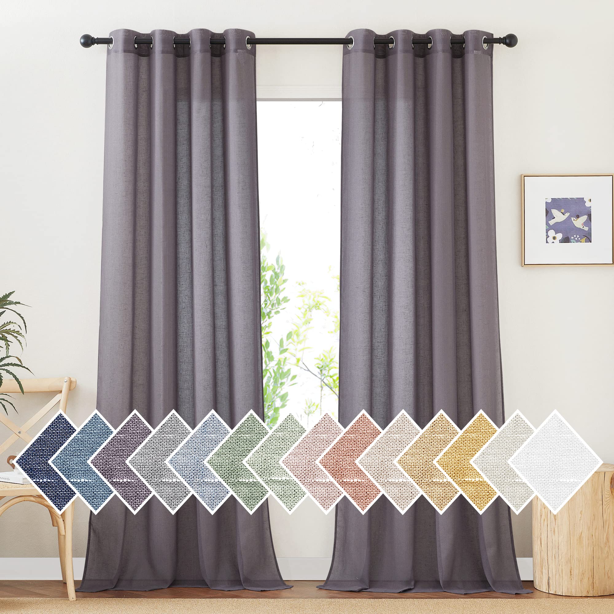 NICETOWN Semi Sheer Brown Purple Curtains for Bedroom, Grommet Linen Sheer Curtains & Drapes Privacy with Light Filtering Elegant & Casual for Girls Room/Living Room, W52 x L108, 2 Panels Image