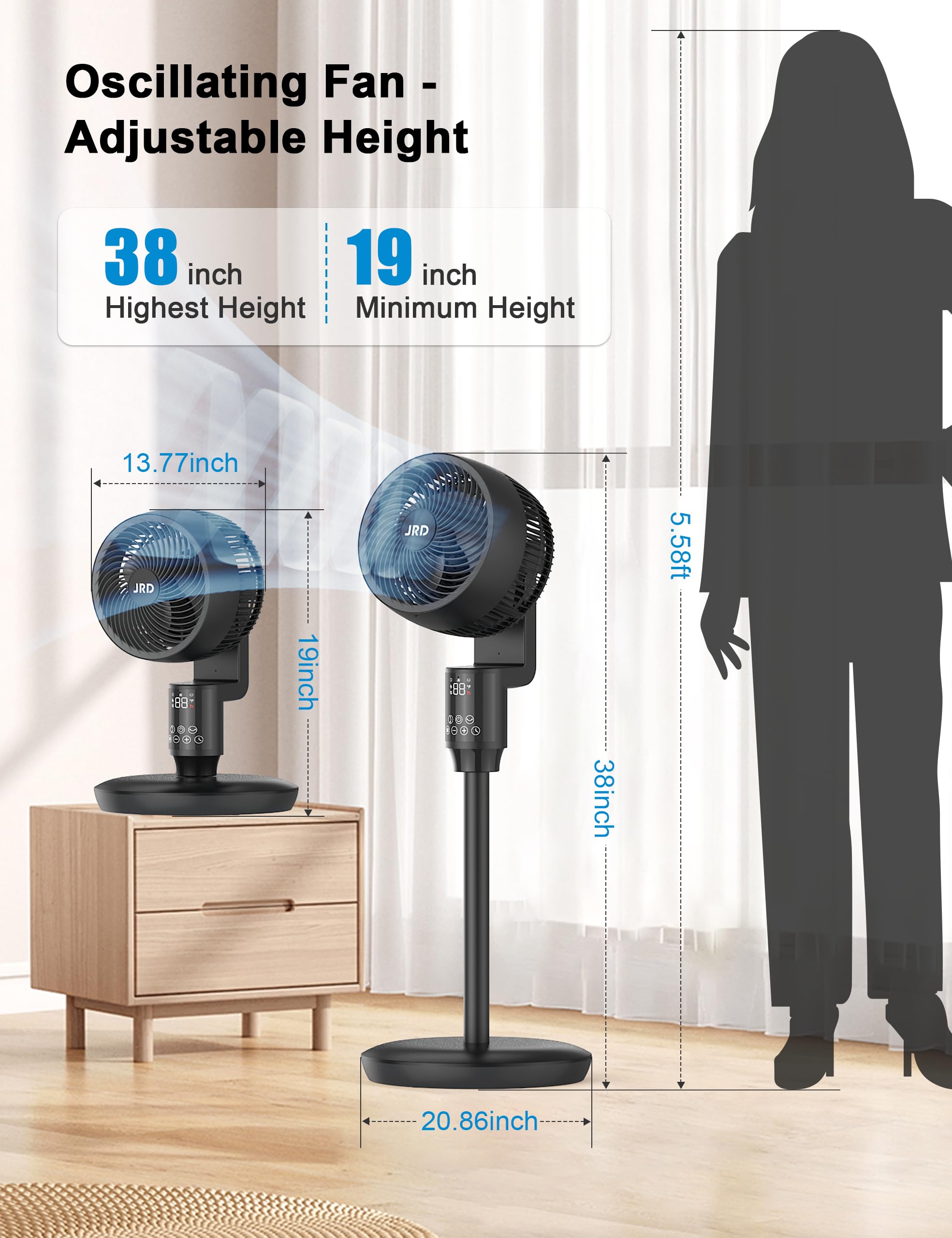 JRD Fan for Bedroom, 70° Oscillating Standing Fans, Quiet Floor Fan, 100ft Pedestal Fans for Room, 6 Speeds, 3 modes,90° Manual Vertical, 19-38