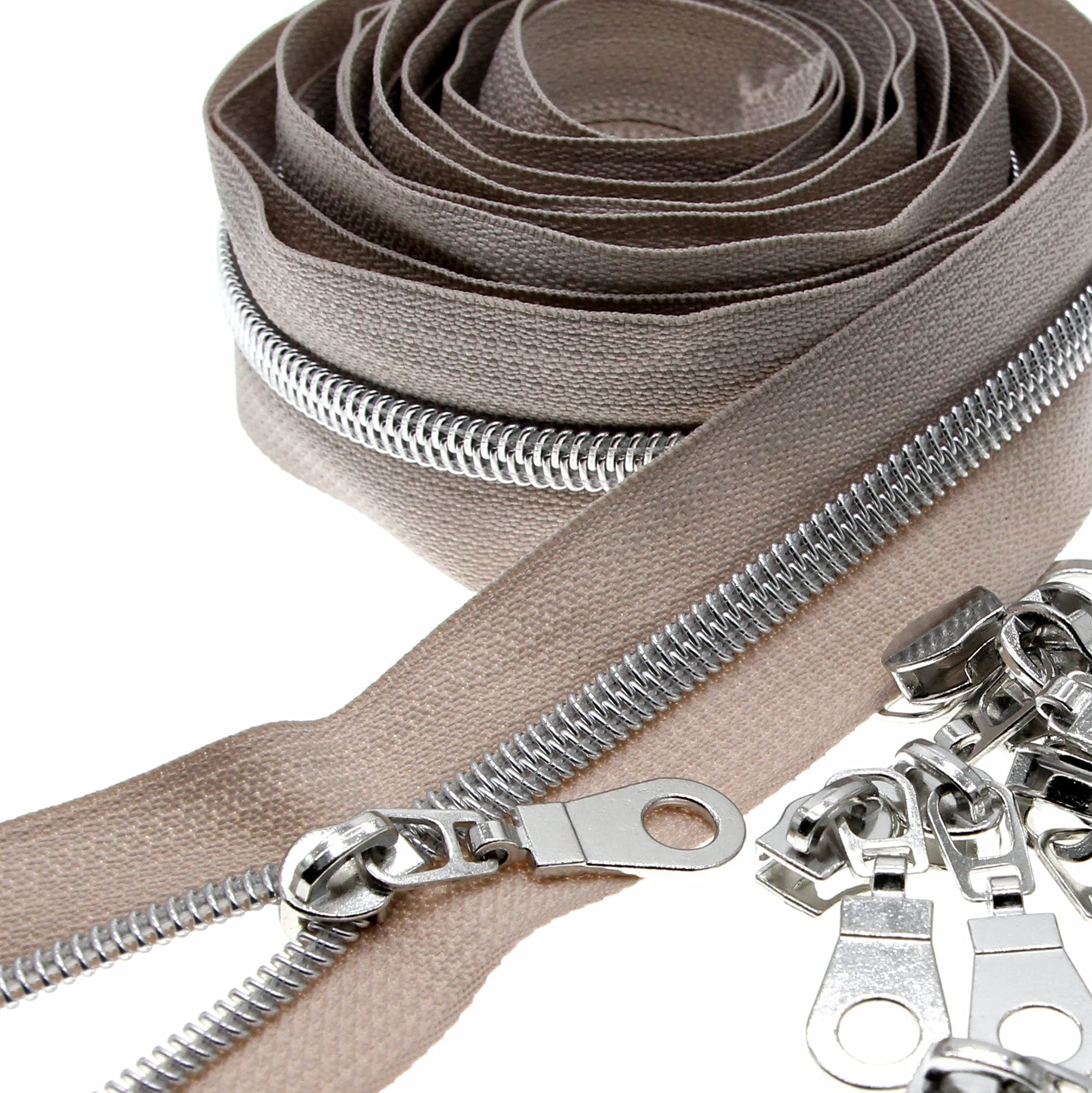 Leekayer #5 Silver Teeth Metallic Nylon Coil Zippers by The Yard Bulk 10 Yards Beige Tape with 25pcs Silver Sliders for DIY Sewing Tailor Craft Bag(Beige)