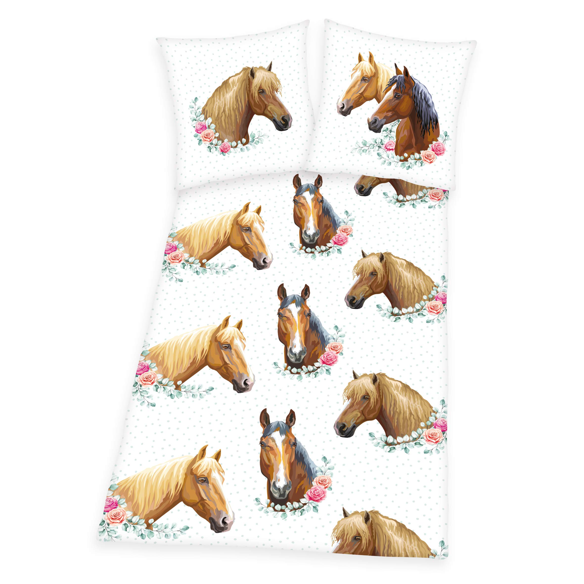 Bedding Set Horse, Pillow Case 80x80 cm, Duvet Cover 135x200 cm, with smooth-running zipper, Cotton/Renforcé