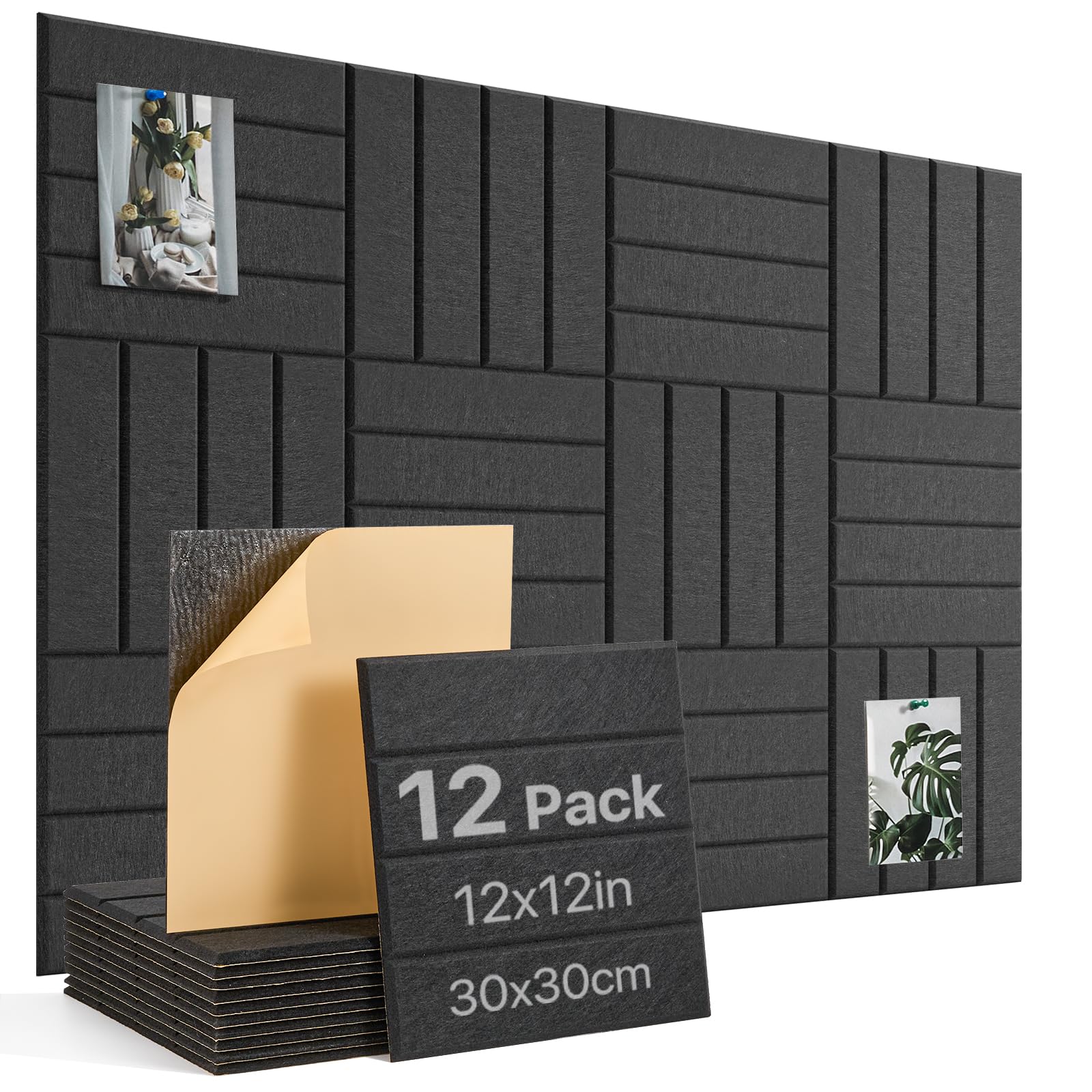 Photo 1 of Large Cork Board, 12 Pack 12"X12"X0.4" Felt Bulletin Board Tiles with Self Adhesive for Wall Home Office Decor, Pin Cork Boards-Black