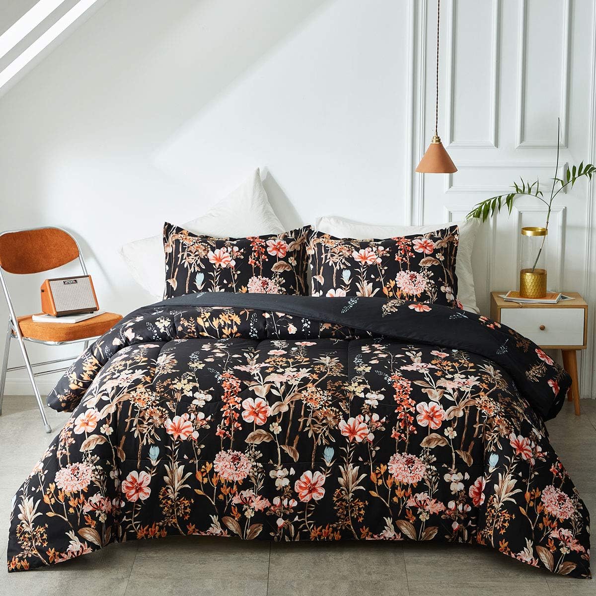 Joyreap 3pcs Floral Comforter Set, Soft Microfiber Comforter for All Season, Elegant White Flower Printed on Blue Reversible Design (King, 102x90 inches): Home & Kitchen