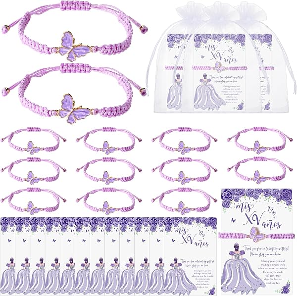 Quinceanera Partygeschenk-Set – 25 Rosa Schmetterlings-Armbänder Mit Wunschkarten & Organzabeuteln