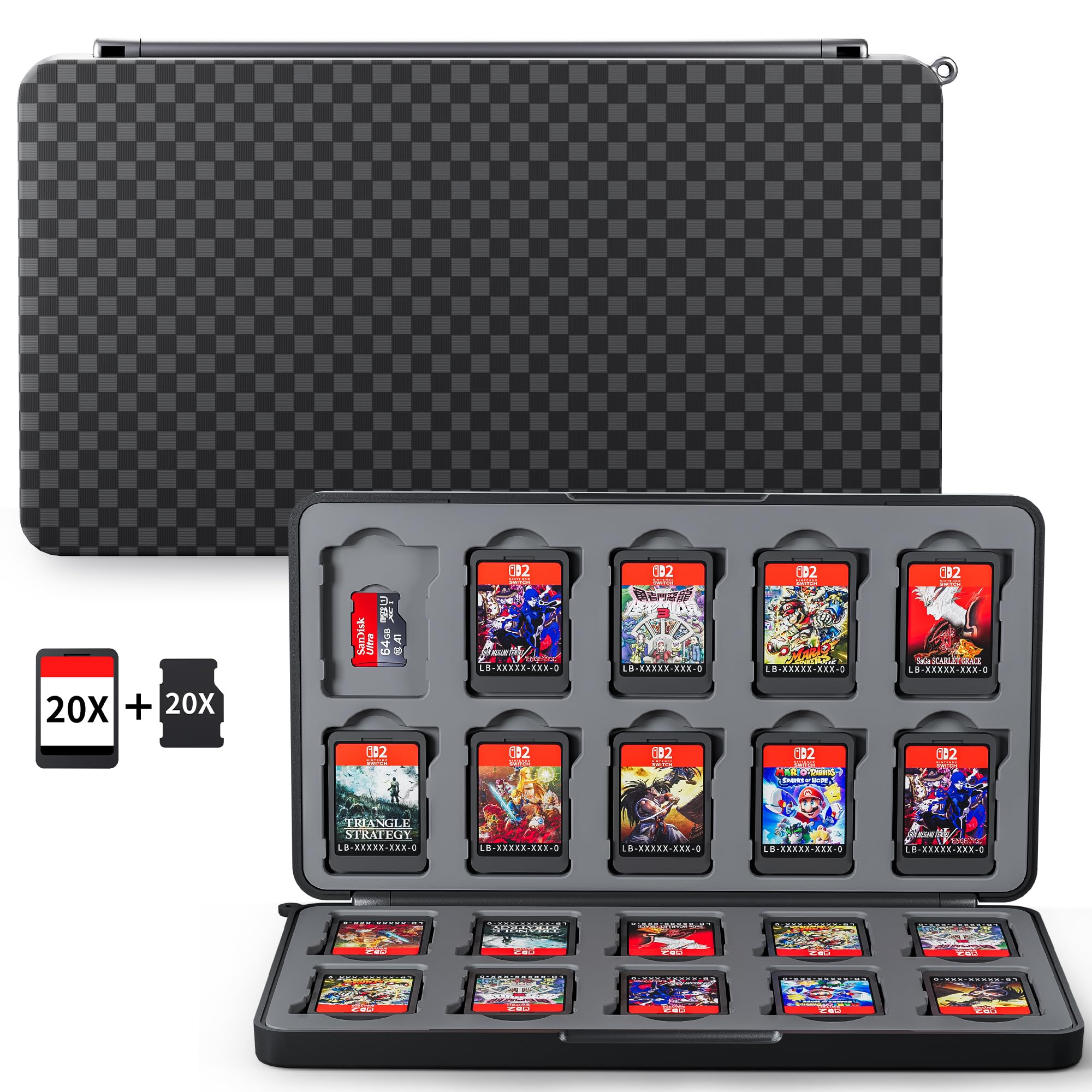 PAWDIARY Black Switch 2 Game Card Case, for 20 Slots Switch Game Cards and 20 Slots SD Cards Storage Compact Hardshell with Magenic Closure, Large Capacity Switch 2 Card Holder
