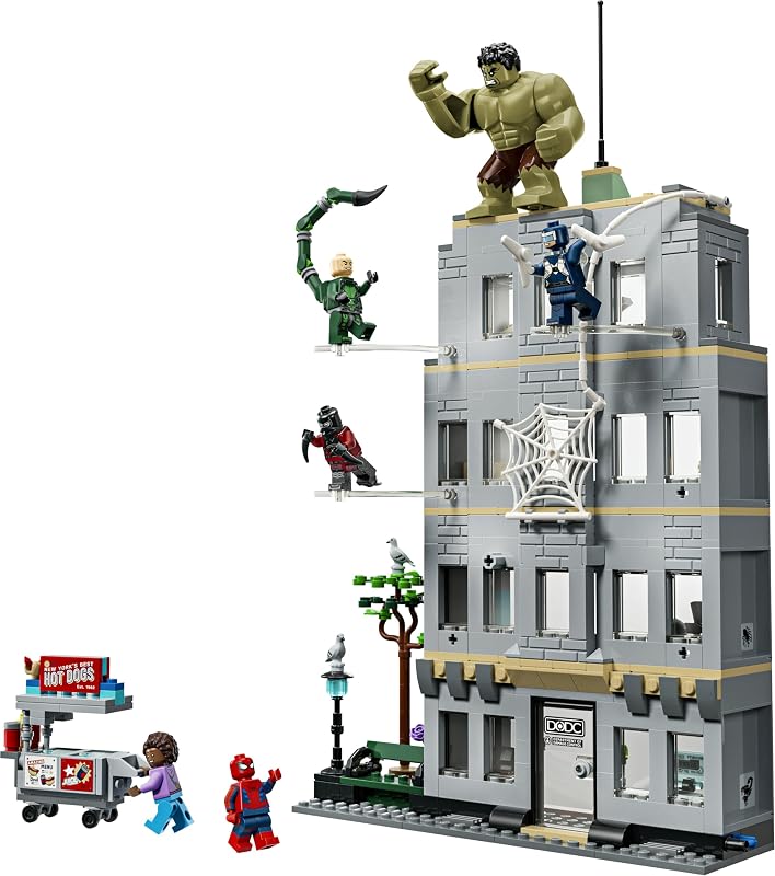 | Marvel Großer Showdown: Spider-Man vs. Hulk - Interaktives Spielzeug mit 4-stöckigem Bürogebäude, Actionfigur und 5 Minifiguren inkl. Scorpion - Geschenk für Jungen ab 8 Jahren und Fans - 76350