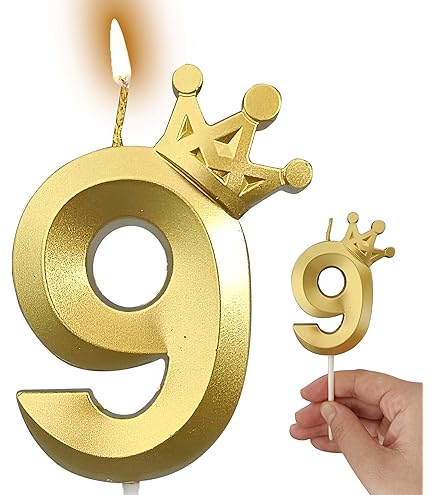 Geburtstagskerze Zahl 9 Mit 3D-Krone – Goldene Zahlenkerze Für Kuchen, Wiederverwendbar