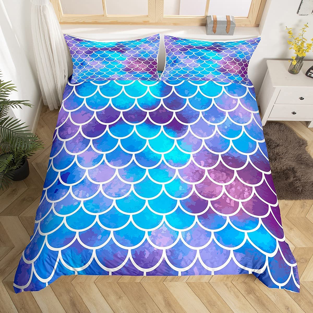 Fish Scale Duvet Cover Set for Kids Mermaid Shell Comforter Cover for Boys Girls Teens, Decorative Ocean Theme Printed Bedding Set Super King, Cute Soft Bedclothes with Pillowcases, Zipper Blue