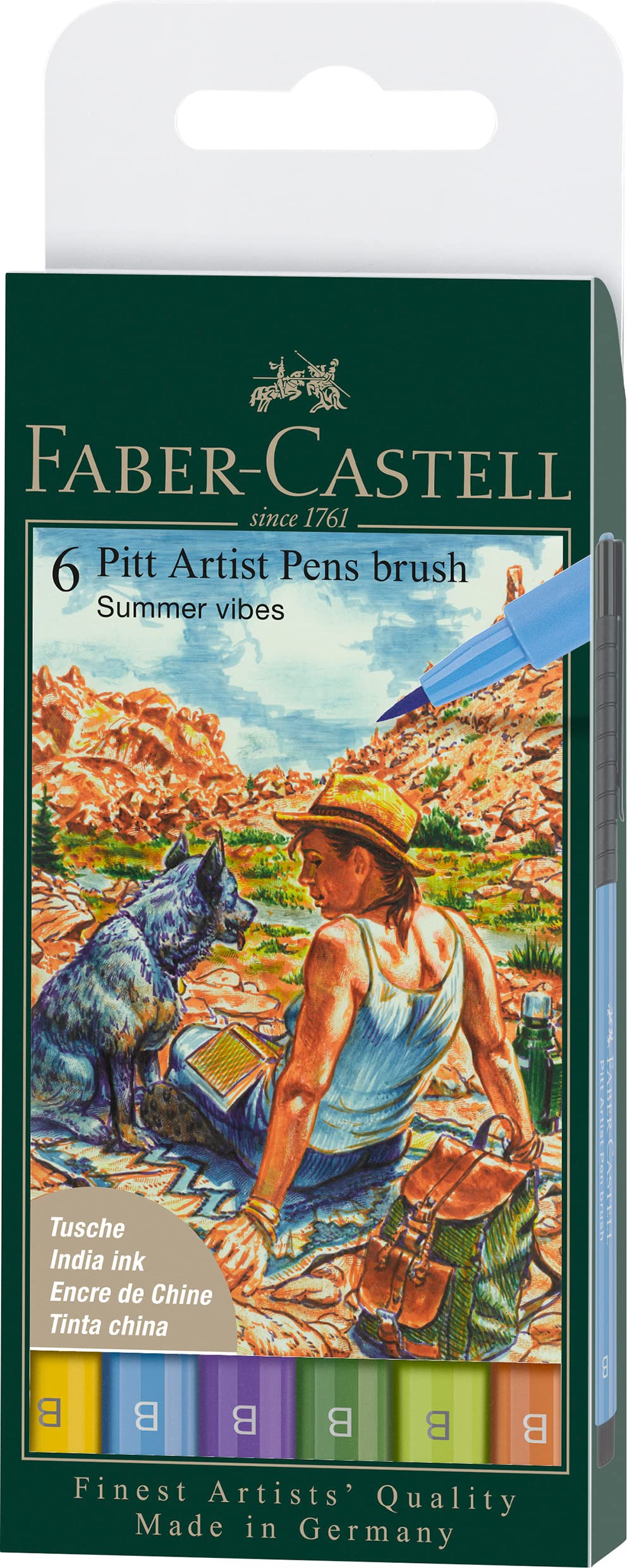 Faber-Castell Art & Graphic Pitt Artist Pen Brush India Ink Pen, Summer Vibe, Wallet of 6, Art, Craft, Drawing, Sketching, Home, School, University, Colouring
