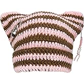 Hshsclth Cat Ear Beanie Hat for Women Y2K Striped Beanie with DIY Goth Accessories Slouchy Crochet Goth Hat Beanie with Ears