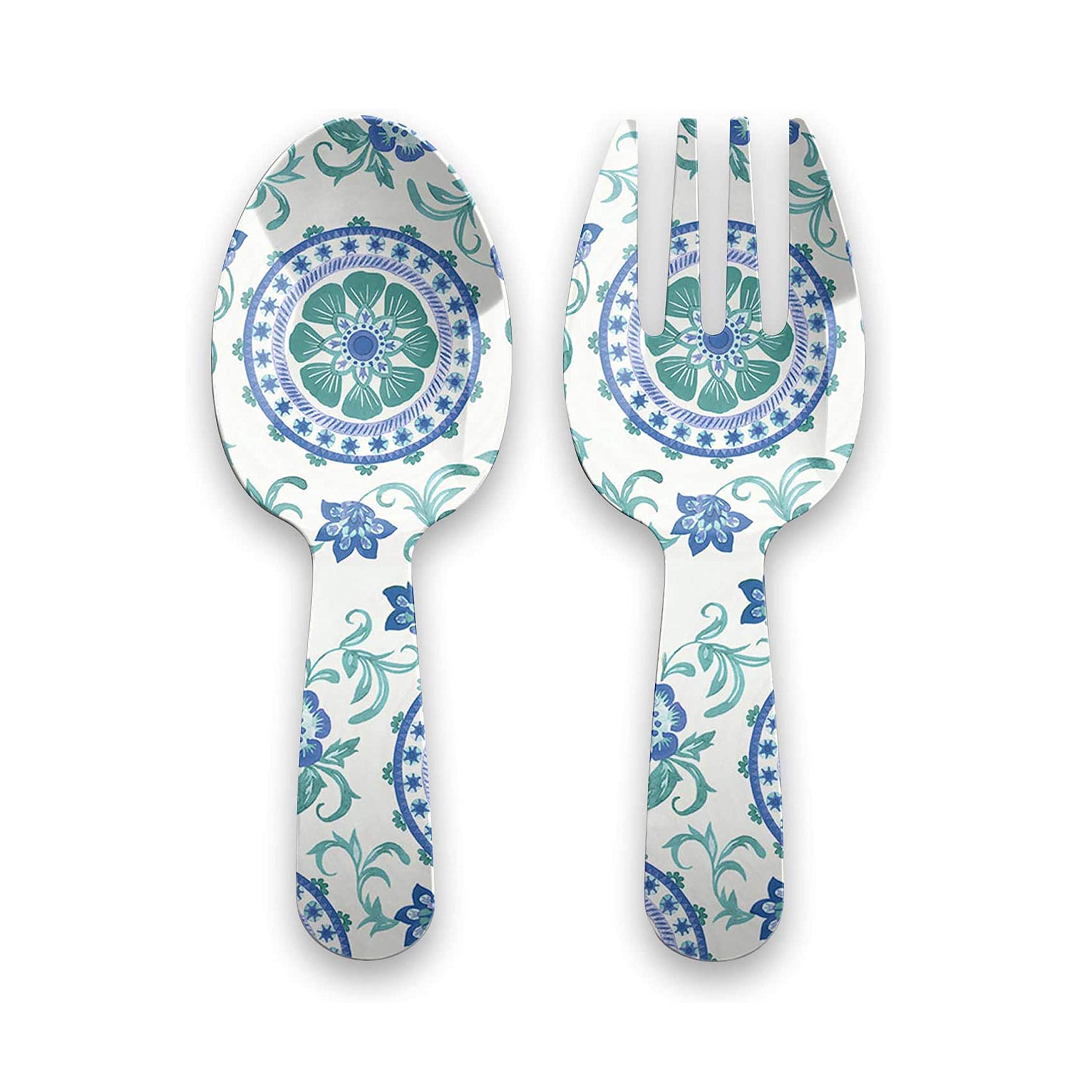 Epicurean Turquoise Floral Melamine/Plastic Outdoor/BBQ/Picnic Pair of Salad Servers