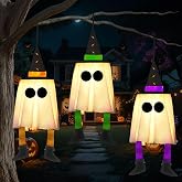 JOYIN 23.6'' 3PCS Halloween Hanging Ghosts Decorations Outdoor, Witch Hats on Warm Light Up Ghosts Tree Decor, Halloween Decorations with Timer for Yard Patio Garden Outside Haunted House Party